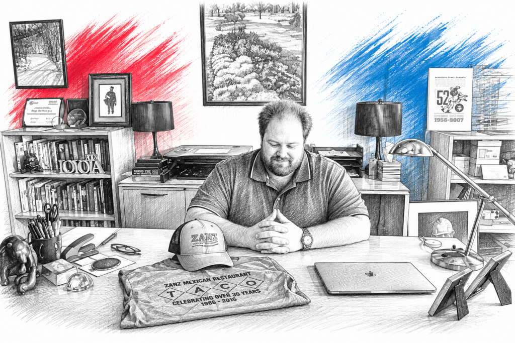 The publisher Wes Otto looking at a Zanz t-shirt and baseball hat while sitting at his desk in the Connect offices