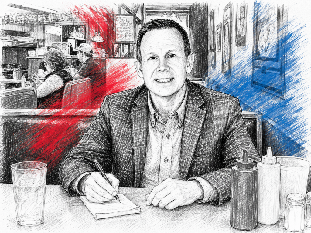 Shane Bowyer writing his column at the Damn Store Cafe